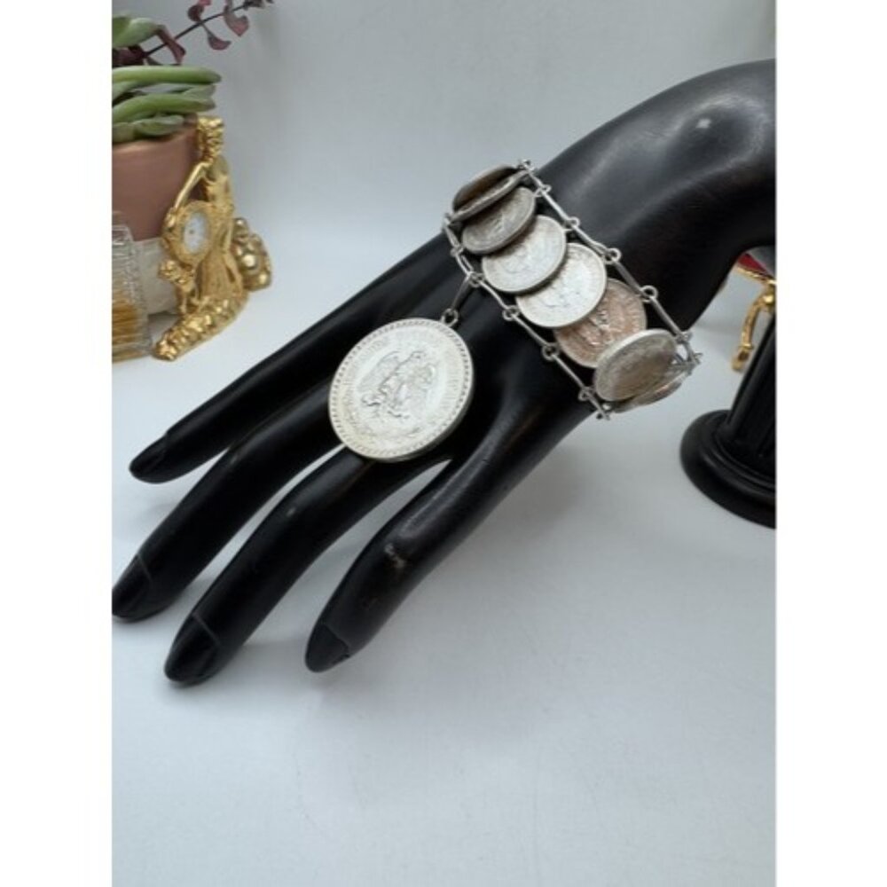 Vintage Mexican Coin Bracelet Solid Silver Unique Collectible Jewelry From 40s - Picture 2 of 16